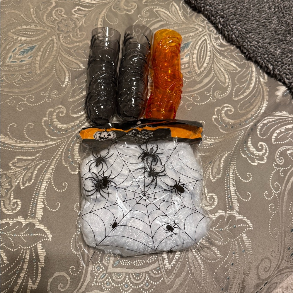 Halloween Spider Web Decor with shot glasses